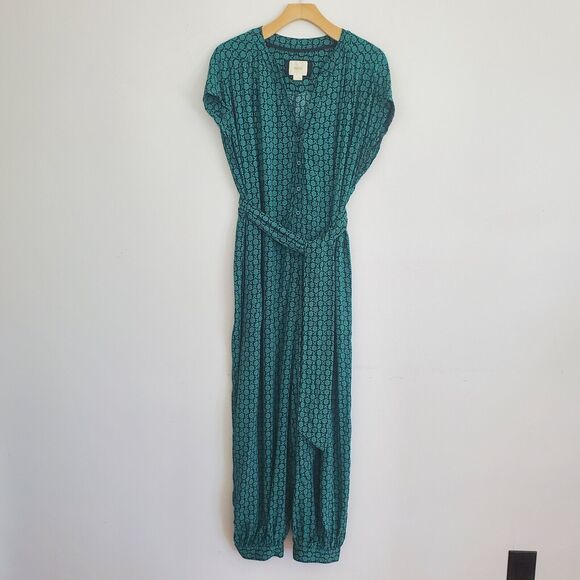 Maeve Pants - Maeve Geoscope Jumpsuit Green Belted Cap Sleeve Wide Leg Button Up Boho